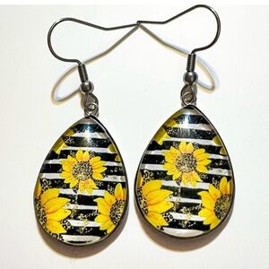 Striped Sunflower Teardrop Earrings